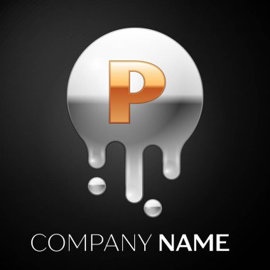 P harfi sıçrama logosunu görmeniz gerekir. Altın nokta ve gümüş kabarcık mektup tasarım siyah arka plan üzerine. Vektör çizim