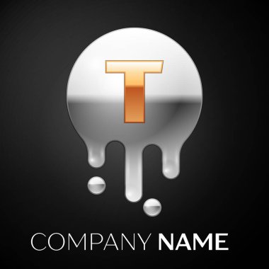 T harfinin sıçrama logosunu görmeniz gerekir. Altın nokta ve gümüş kabarcık mektup tasarım siyah arka plan üzerine. Vektör çizim