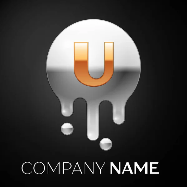 Kirjain U splash logo. Kultaisia pisteitä ja hopea kuplia kirjeen suunnittelu mustalla pohjalla. Vektorikuvaus — vektorikuva