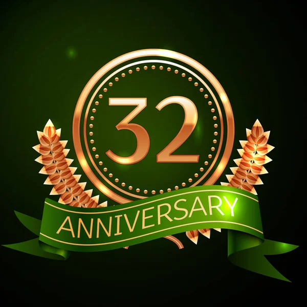 現実的な 30 2 年記念日のお祝いデザイン ゴールデン リングと月桂樹のリース、緑の背景に緑のリボン。カラフルなベクトル テンプレート要素であなたの誕生日パーティーを祝う — ストックベクタ