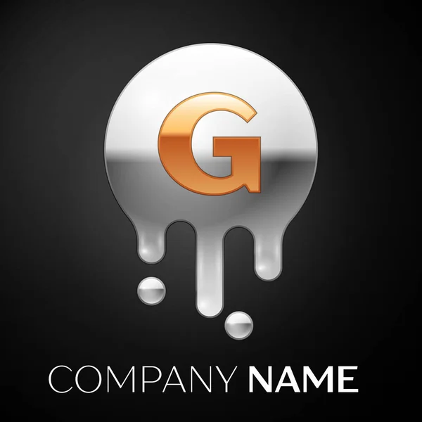 Lettera G logo splash. Punti dorati e bolle d'argento lettera disegno su sfondo nero. Illustrazione vettoriale — Vettoriale Stock