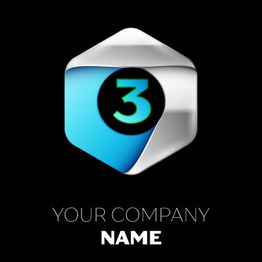 Gerçekçi mavi üç numara logo sembol siyah arka plan üzerinde renkli gümüş-mavi altıgen şeklinde. Tasarımınız için vektör şablonu