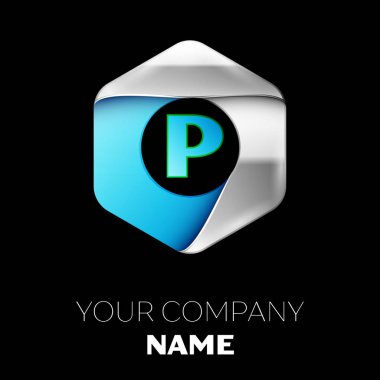 Gerçekçi mavi mektup P logo sembol siyah arka plan üzerinde renkli gümüş-mavi altıgen şeklinde. Tasarımınız için vektör şablonu