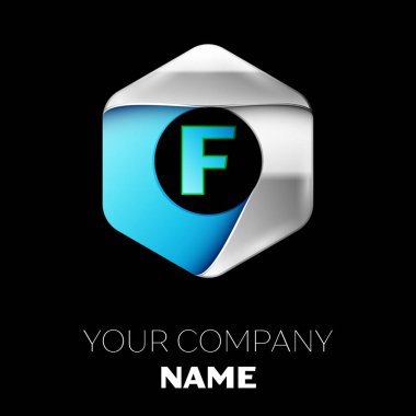 Gerçekçi mavi mektup F logo sembol siyah arka plan üzerinde renkli gümüş-mavi altıgen şeklinde. Tasarımınız için vektör şablonu
