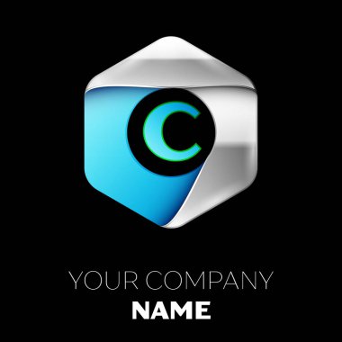 Gerçekçi mavi mektup C logo sembol siyah arka plan üzerinde renkli gümüş-mavi altıgen şeklinde. Tasarımınız için vektör şablonu