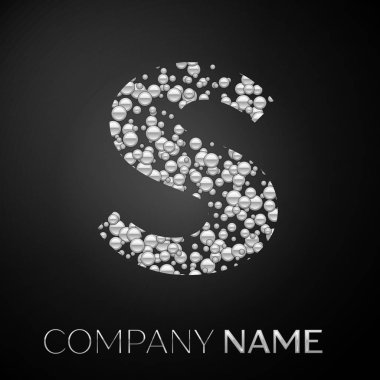 S harfi logo gümüş noktalar. Alfabe logo soyut gümüş kabarcıklar şeklinde siyah arka plan üzerine. Tasarımınız için vektör şablonu