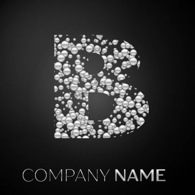 Mektup B logo gümüş noktalar. Alfabe logo soyut gümüş kabarcıklar şeklinde siyah arka plan üzerine. Tasarımınız için vektör şablonu