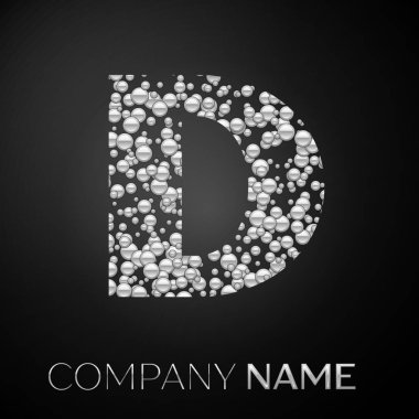 D harfi logo gümüş noktalar. Alfabe logo soyut gümüş kabarcıklar şeklinde siyah arka plan üzerine. Tasarımınız için vektör şablonu
