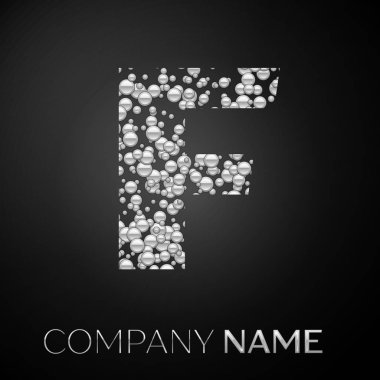F harfi logo gümüş noktalar. Alfabe logo soyut gümüş kabarcıklar şeklinde siyah arka plan üzerine. Tasarımınız için vektör şablonu