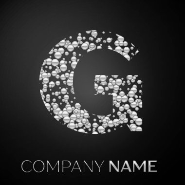 G harfi logo gümüş noktalar. Alfabe logo soyut gümüş kabarcıklar şeklinde siyah arka plan üzerine. Tasarımınız için vektör şablonu
