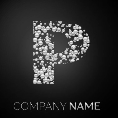 P harfi logo gümüş noktalar. Alfabe logo soyut gümüş kabarcıklar şeklinde siyah arka plan üzerine. Tasarımınız için vektör şablonu