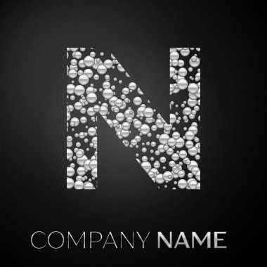 N harfi logo gümüş noktalar. Alfabe logo soyut gümüş kabarcıklar şeklinde siyah arka plan üzerine. Tasarımınız için vektör şablonu