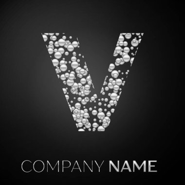 Harf V logo gümüş noktalar. Alfabe logo soyut gümüş kabarcıklar şeklinde siyah arka plan üzerine. Tasarımınız için vektör şablonu