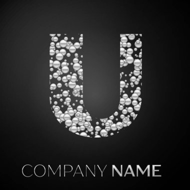 U harfi logo gümüş noktalar. Alfabe logo soyut gümüş kabarcıklar şeklinde siyah arka plan üzerine. Tasarımınız için vektör şablonu