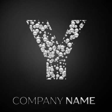 Y harfi logo gümüş noktalar. Alfabe logo soyut gümüş kabarcıklar şeklinde siyah arka plan üzerine. Tasarımınız için vektör şablonu