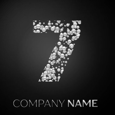 Numara yedi logo gümüş noktalar. Alfabe logo soyut gümüş kabarcıklar şeklinde siyah arka plan üzerine. Tasarımınız için vektör şablonu