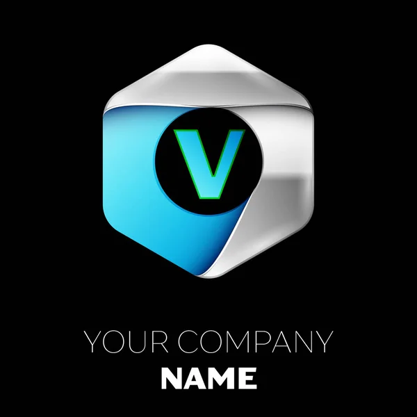 Reális kék betűt logo szimbólum, amely a színes ezüst-kék hatszögletű alakja a fekete háttér. A design vektor sablon — Stock Vector