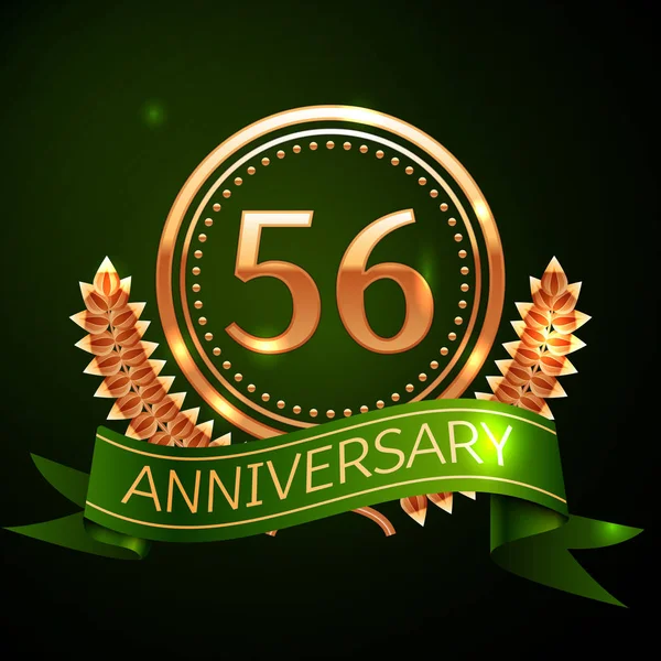 Realistyczne pięćdziesiąt sześć lat rocznica celebracja z Golden Ring i Laurel Wreath, zielone wstążki na zielonym tle. Kolorowe elementy szablon wektor na urodziny obchodzi party — Wektor stockowy