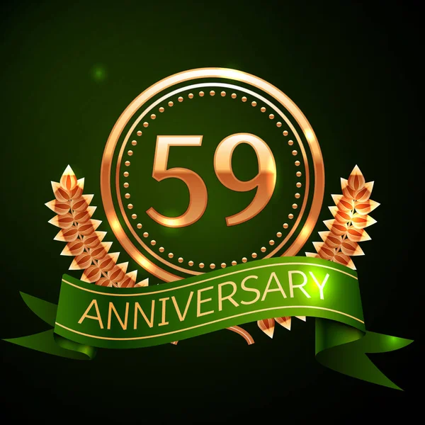 Realistyczne pięćdziesiąt dziewięć lat rocznica celebracja z Golden Ring i Laurel Wreath, zielone wstążki na zielonym tle. Kolorowe elementy szablon wektor na urodziny obchodzi party — Wektor stockowy