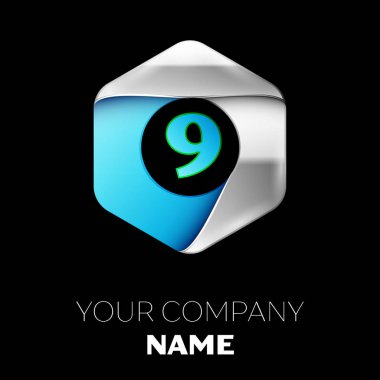 Gerçekçi mavi Number Nine logo sembol siyah arka plan üzerinde renkli gümüş-mavi altıgen şeklinde. Tasarımınız için vektör şablonu