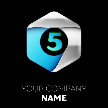 Gerçekçi mavi beş numara logo sembol siyah arka plan üzerinde renkli gümüş-mavi altıgen şeklinde. Tasarımınız için vektör şablonu