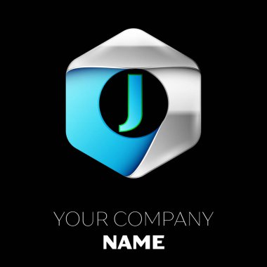 Gerçekçi mavi mektup J logo sembol siyah arka plan üzerinde renkli gümüş-mavi altıgen şeklinde. Tasarımınız için vektör şablonu