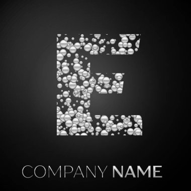 E harfinin logo gümüş noktalar. Alfabe logo soyut gümüş kabarcıklar şeklinde siyah arka plan üzerine. Tasarımınız için vektör şablonu