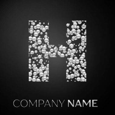 H harfi logo gümüş noktalar. Alfabe logo soyut gümüş kabarcıklar şeklinde siyah arka plan üzerine. Tasarımınız için vektör şablonu