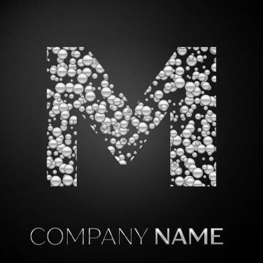 Harf M logosu gümüş noktalar. Alfabe logo soyut gümüş kabarcıklar şeklinde siyah arka plan üzerine. Tasarımınız için vektör şablonu