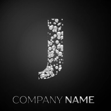 J harfi logo gümüş noktalar. Alfabe logo soyut gümüş kabarcıklar şeklinde siyah arka plan üzerine. Tasarımınız için vektör şablonu