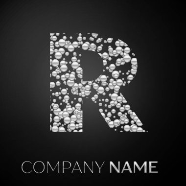 R harfi logo gümüş noktalar. Alfabe logo soyut gümüş kabarcıklar şeklinde siyah arka plan üzerine. Tasarımınız için vektör şablonu