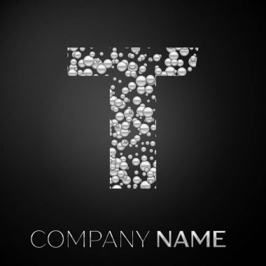 Mektup T logo gümüş noktalar. Alfabe logo soyut gümüş kabarcıklar şeklinde siyah arka plan üzerine. Tasarımınız için vektör şablonu
