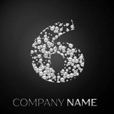 Numara altı logo gümüş nokta. Alfabe logo soyut gümüş kabarcıklar şeklinde siyah arka plan üzerine. Tasarımınız için vektör şablonu