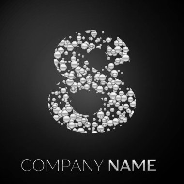 Sekiz logo gümüş nokta sayısı. Alfabe logo soyut gümüş kabarcıklar şeklinde siyah arka plan üzerine. Tasarımınız için vektör şablonu