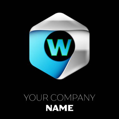 Gerçekçi mavi mektup W logo sembol siyah arka plan üzerinde renkli gümüş-mavi altıgen şeklinde. Tasarımınız için vektör şablonu