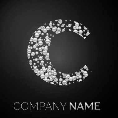 C harfi logo gümüş noktalar. Alfabe logo soyut gümüş kabarcıklar şeklinde siyah arka plan üzerine. Tasarımınız için vektör şablonu
