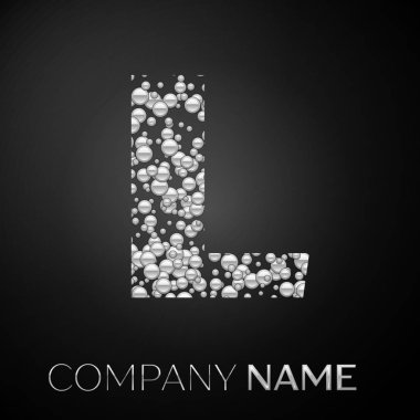 L harfi logo gümüş noktalar. Alfabe logo soyut gümüş kabarcıklar şeklinde siyah arka plan üzerine. Tasarımınız için vektör şablonu