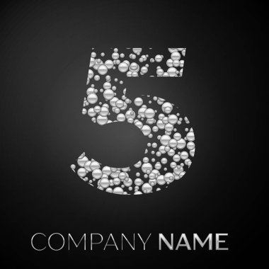 Sayı beş logo gümüş noktalar. Alfabe logo soyut gümüş kabarcıklar şeklinde siyah arka plan üzerine. Tasarımınız için vektör şablonu