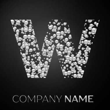 Harf W logo gümüş noktalar. Alfabe logo soyut gümüş kabarcıklar şeklinde siyah arka plan üzerine. Tasarımınız için vektör şablonu