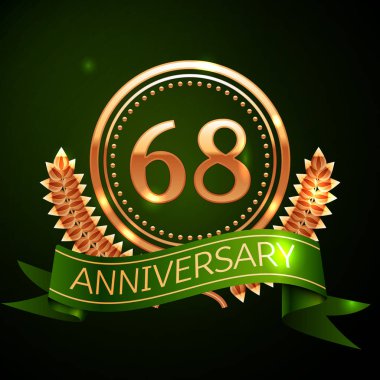Gerçekçi altmış sekiz yıl yıldönümü kutlama altın yüzük ve tasarım Laurel Wreath, yeşil zemin üzerine yeşil şerit. Renkli vektör şablon öğeleri Doğum günü kutlamak için parti