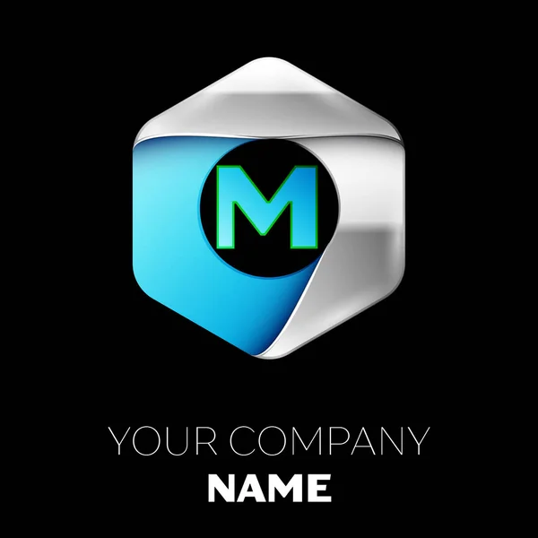 Reális kék levél M logo szimbólum, amely a színes ezüst-kék hatszögletű alakja a fekete háttér. A design vektor sablon — Stock Vector
