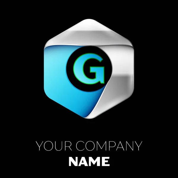 Символ логотипа - синяя буква G в цветной серебристо-голубой шестиугольной форме на черном фоне. Векторный шаблон для Вашего дизайна — стоковый вектор