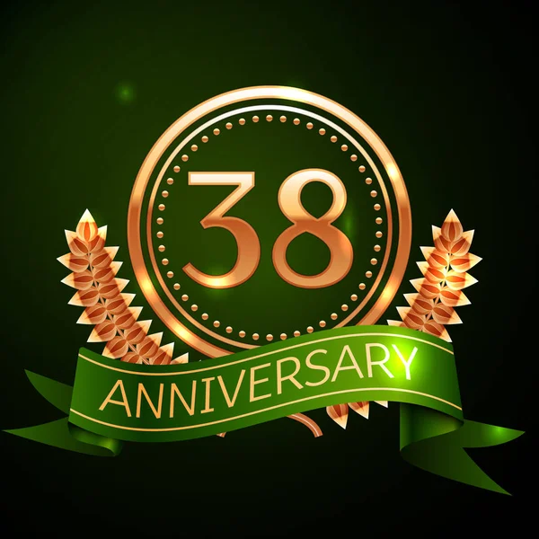 リアルな 30 8 年周年記念お祝いデザイン ゴールデン リングと月桂樹のリース、緑の背景に緑のリボン。カラフルなベクトル テンプレート要素であなたの誕生日パーティーを祝う — ストックベクタ