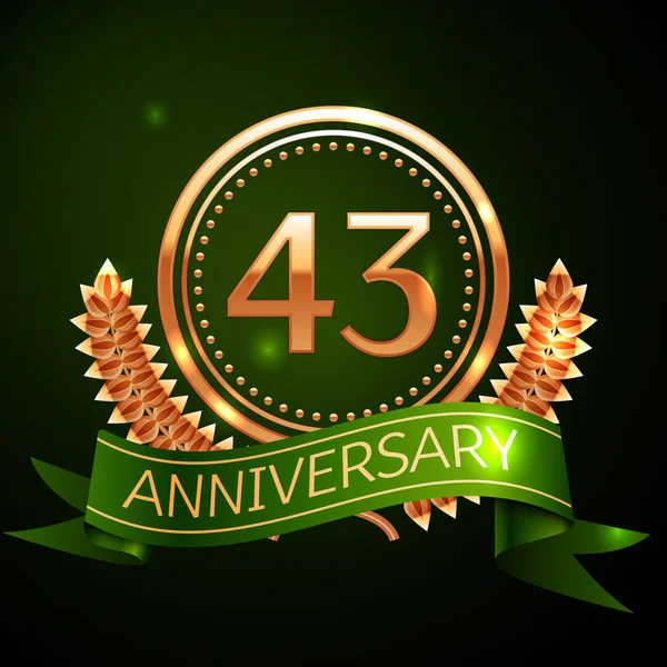 現実的な 40 3 年記念日お祝いデザイン ゴールデン リングと月桂樹のリース、緑の背景に緑のリボン。カラフルなベクトル テンプレート要素であなたの誕生日パーティーを祝う — ストックベクタ
