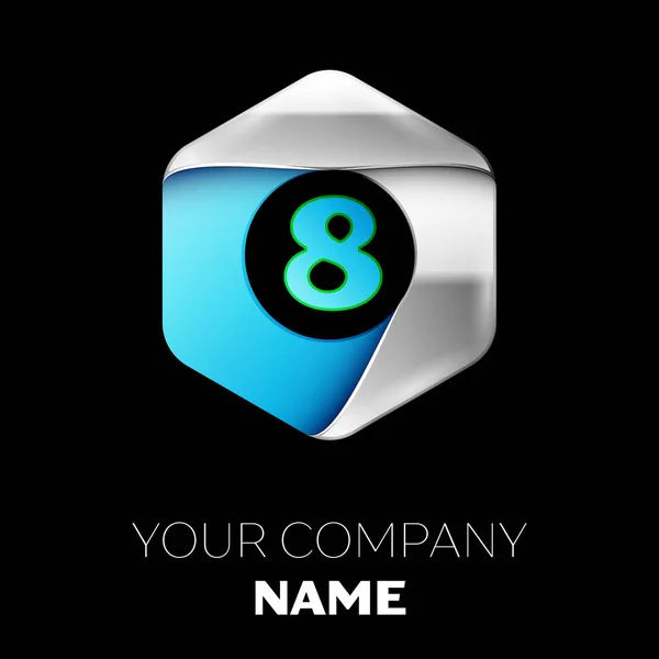 Realistiska blå nummer åtta logotyp symbol i färgglada silver-blå sexkantiga formen på svart bakgrund. Vector mall för din design — Stock vektor
