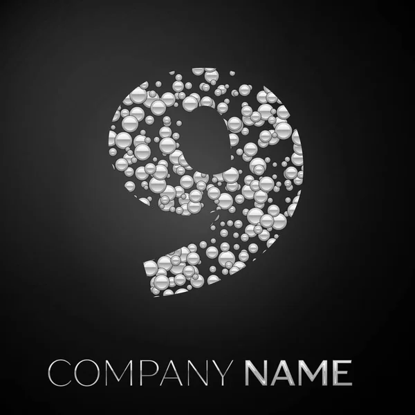 Number Nine logo silver dots. Alphabet logotype with abstract silver bubbles shape on black background. Vector template for your design — Stock Vector