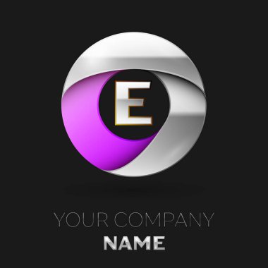 Gerçekçi gümüş harf E logo sembol siyah arka plan üzerinde renkli gümüş mor daire şeklinde. Tasarımınız için vektör şablonu