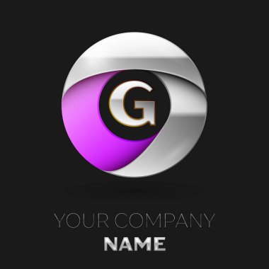 Gerçekçi gümüş harf G logo sembol siyah arka plan üzerinde renkli gümüş mor daire şeklinde. Tasarımınız için vektör şablonu