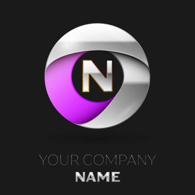 Gerçekçi gümüş harf N logo sembol siyah arka plan üzerinde renkli gümüş mor daire şeklinde. Tasarımınız için vektör şablonu