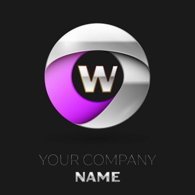Gerçekçi gümüş harf W logo sembol siyah arka plan üzerinde renkli gümüş mor daire şeklinde. Tasarımınız için vektör şablonu